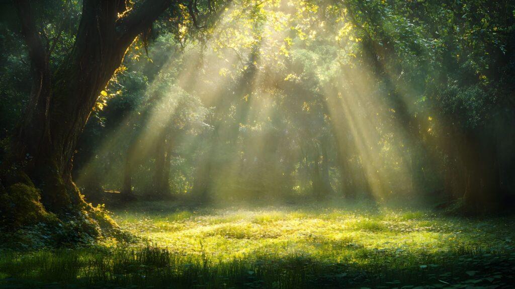 Lichtstrahlen durch einen stillen Wald als Symbol für Klarheit und Besinnung