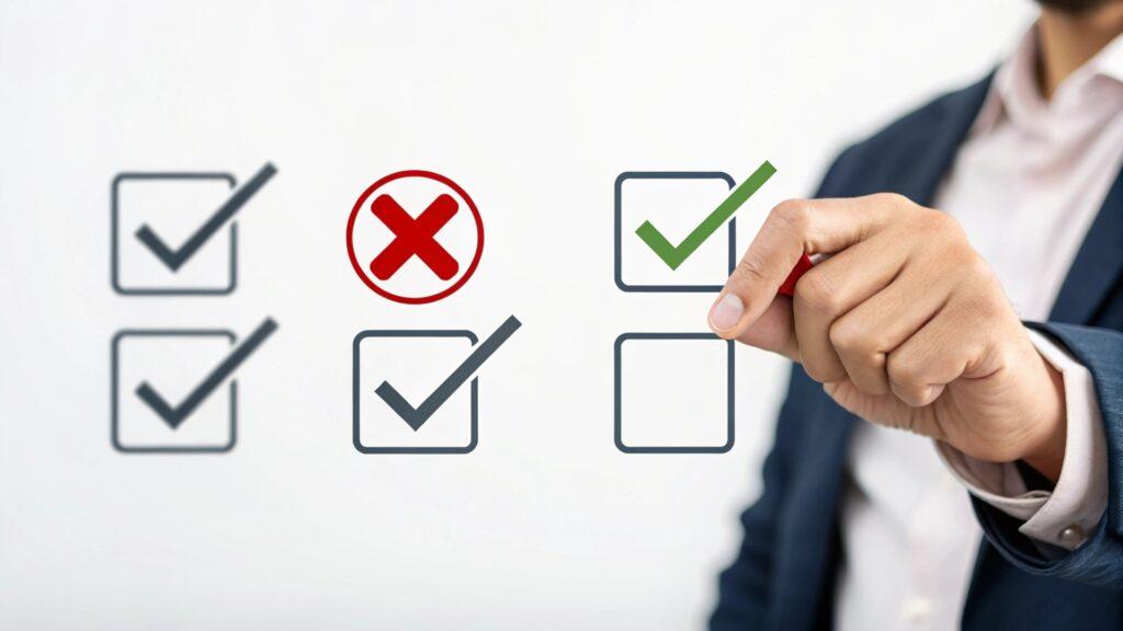 Hand setzt grünen Haken auf digitale Checkliste | Papierpolster